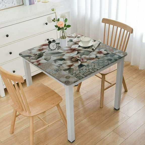 HAOXIT Vinyl Tablecloth Flannel Backed Stain-Resistant square Table Cloth Oil-Proof Wipeable Indoor/Outdoor , and Dining Table Cover (Beige Floral) 44''x44''