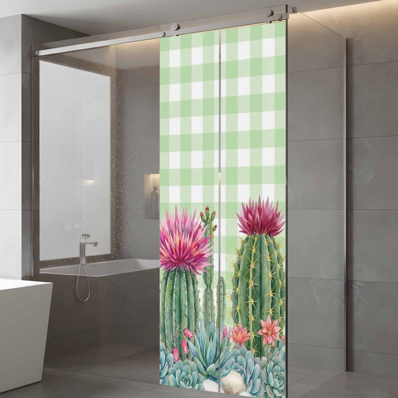 Summer Botanical Window Privacy Film, Tropical Saguaro Opuntia Cactus Green Stripes Frosted Glass Window Clings Static Cling UV Heat Blocking Reusable Door Sticker for Bathroom 23.6 x 59 Inch