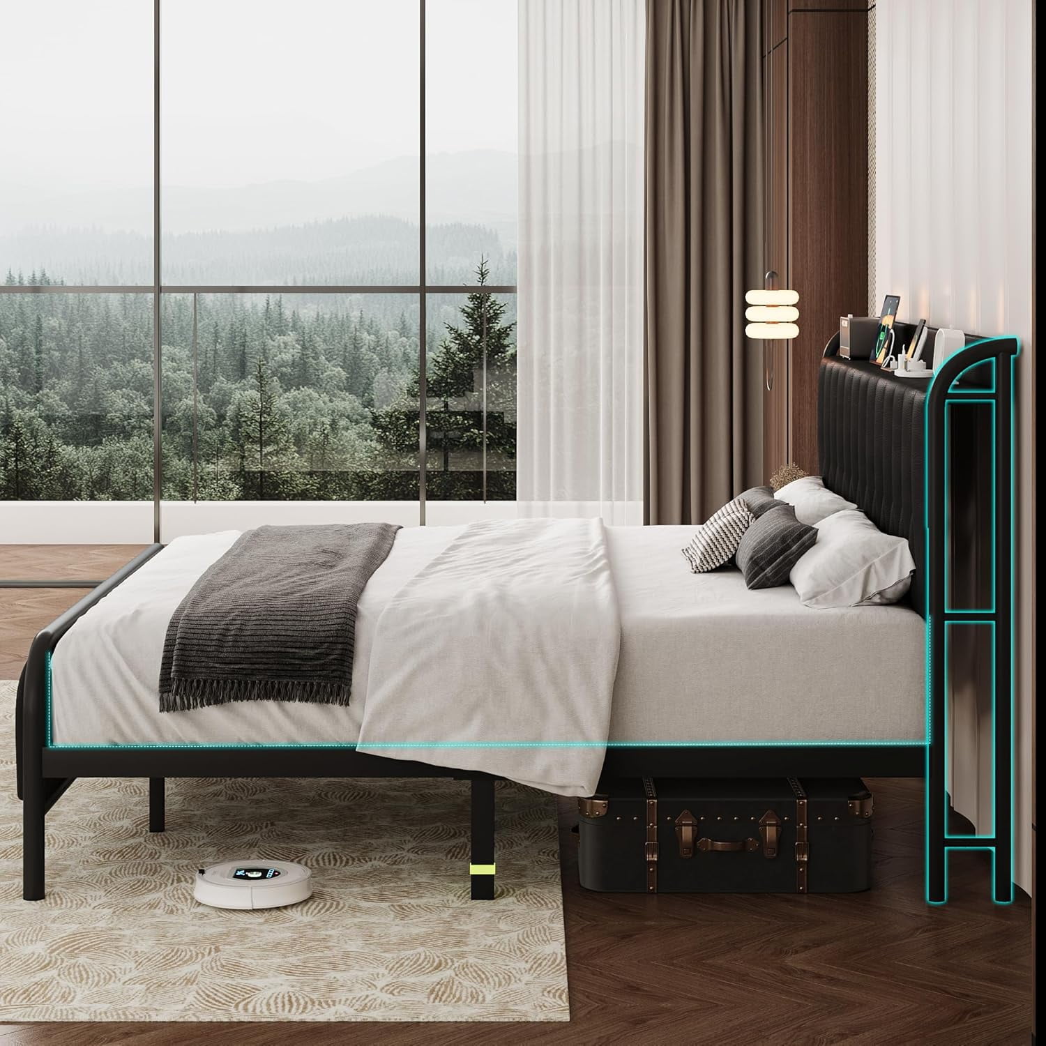 Queen Bed Frame with Fast Charging Station, Leather Queen Size Metal Platform Beds with Upholstered Headboard & Footboard,12" Underbed Storage Space,Easy Assembly,Noise-Free,Black