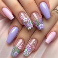 thumbnail image 1 of Uñas postizas de ataúd de prensa media, uñas postizas de flores con diseño rosa púrpura, pegamento en las uñas, color sólido, cubierta completa, uñas acrílicas de primavera para mujeres, decoración de, 1 of 5
