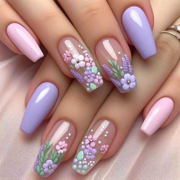 Uñas postizas de ataúd de prensa media, uñas postizas de flores con diseño rosa púrpura, pegamento en las uñas, color sólido, cubierta completa, uñas acrílicas de primavera para mujeres, decoración de