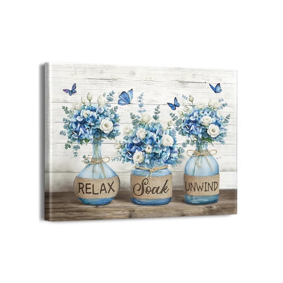 Farmhouse Bathroom Decor Wall Art Navy Blue Hydrangea Flower Bathroom Pictures Canvas Prints Country Relax Soak Unwind Sign Artwork Modern Home Decor for Bathroom Framed Ready to Hang 12"x16"