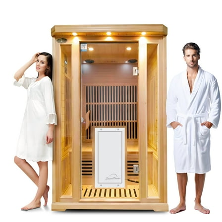 Far Infrared Sauna for Home Low EMF 2 Person Indoor Dry Hemlock Wood 1800W Graphene Heaters Panels Personal Sauna with Touch Intelligent Panel, Bluetooth Reading Light, 47.2 * 39.4 * 74.8in