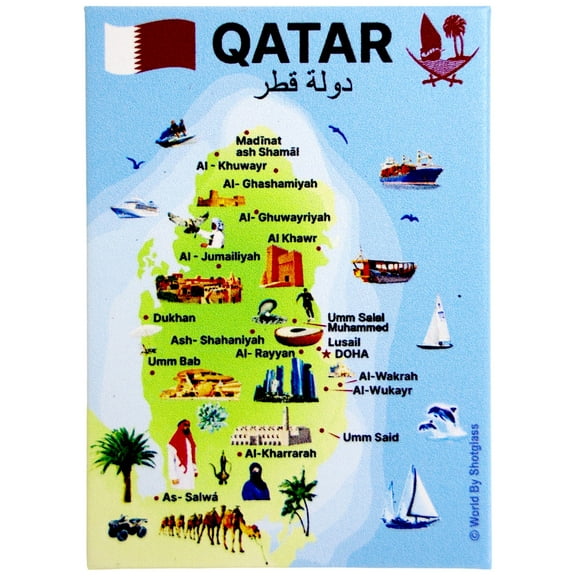 Qatar Graphic Map and Attractions Souvenir Fridge Magnet 2.5" X 3.5"