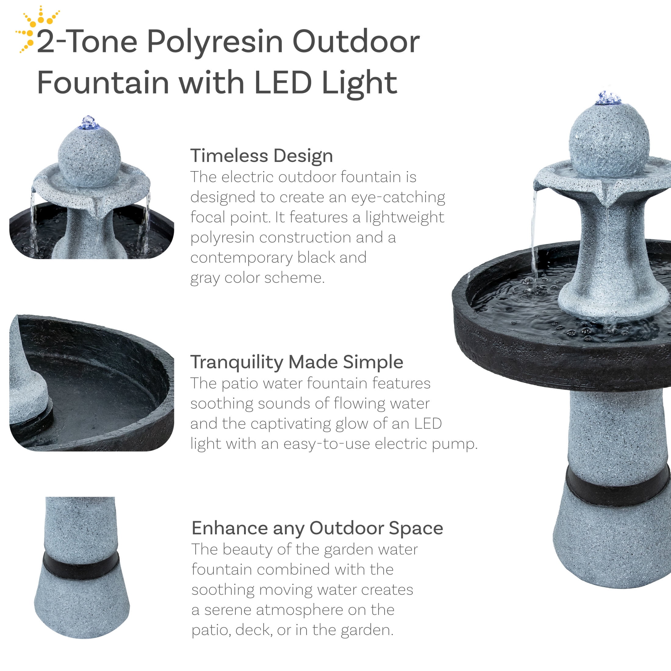 Sunnydaze 2-Tone Contemporary Gray Polyresin Outdoor Water Fountain with Light