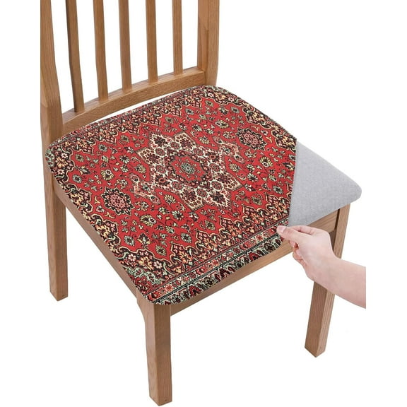 Red Boho Seat Covers for Dining Room Chairs Set of 4, Stretchy Dining Chair Cushion Covers, Ethnic Flower Pattern Tribal Geometric Print Vintage Furniture Protector Slipcovers for Kitchen