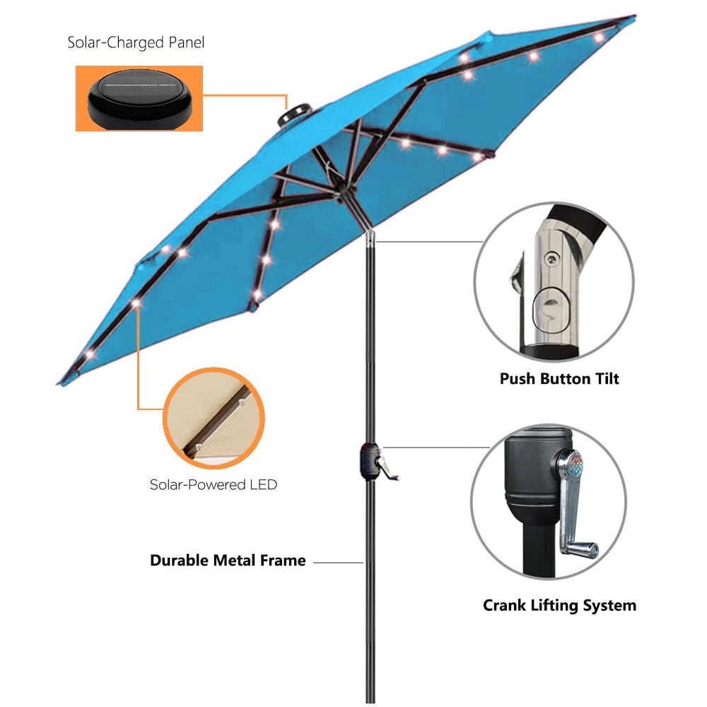 Abble 9ft Solar LED Lighted Patio Umbrella, Table Market Umbrella, Outdoor Umbrella for Garden, Deck, Backyard, Pool and Beach