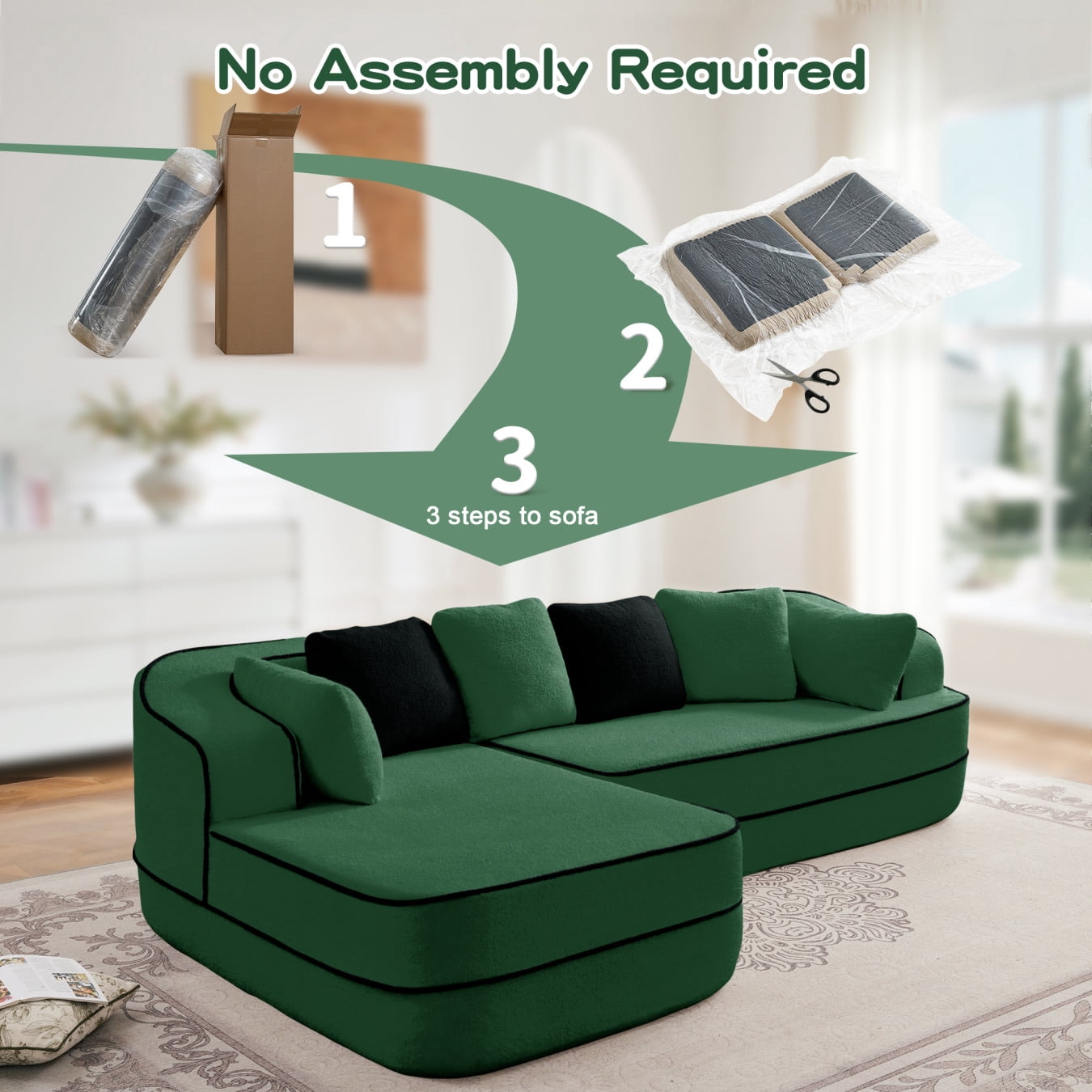 Teddy Fabric 32D Boneless Sofa,Modular Sectional Sofa with Curved Armrest,Contrast Color Design with Pillow,Fluffy Comfy Couch with L Shaped Chaise,for Living Room,No Assembly Required,Green