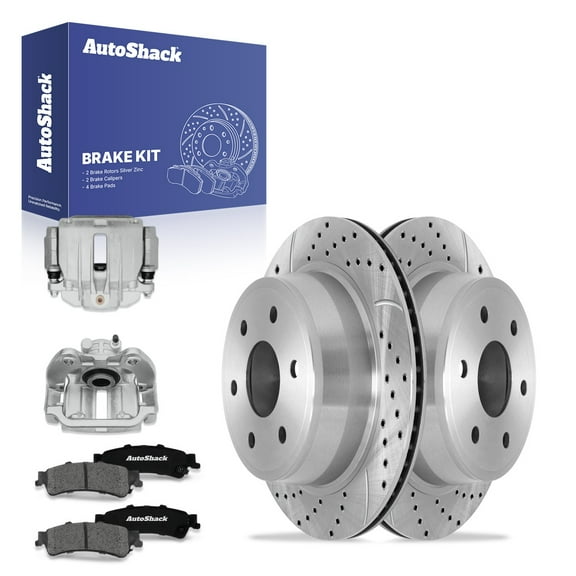 AutoShack Rear Drilled & Slotted Brake Rotors Premium Ceramic Brake Pads Calipers | Replacement for 1999-2002 GMC Sierra 1500 | Silver Zinc Coated | 8-PC Brake Kit | SilverShield Pro