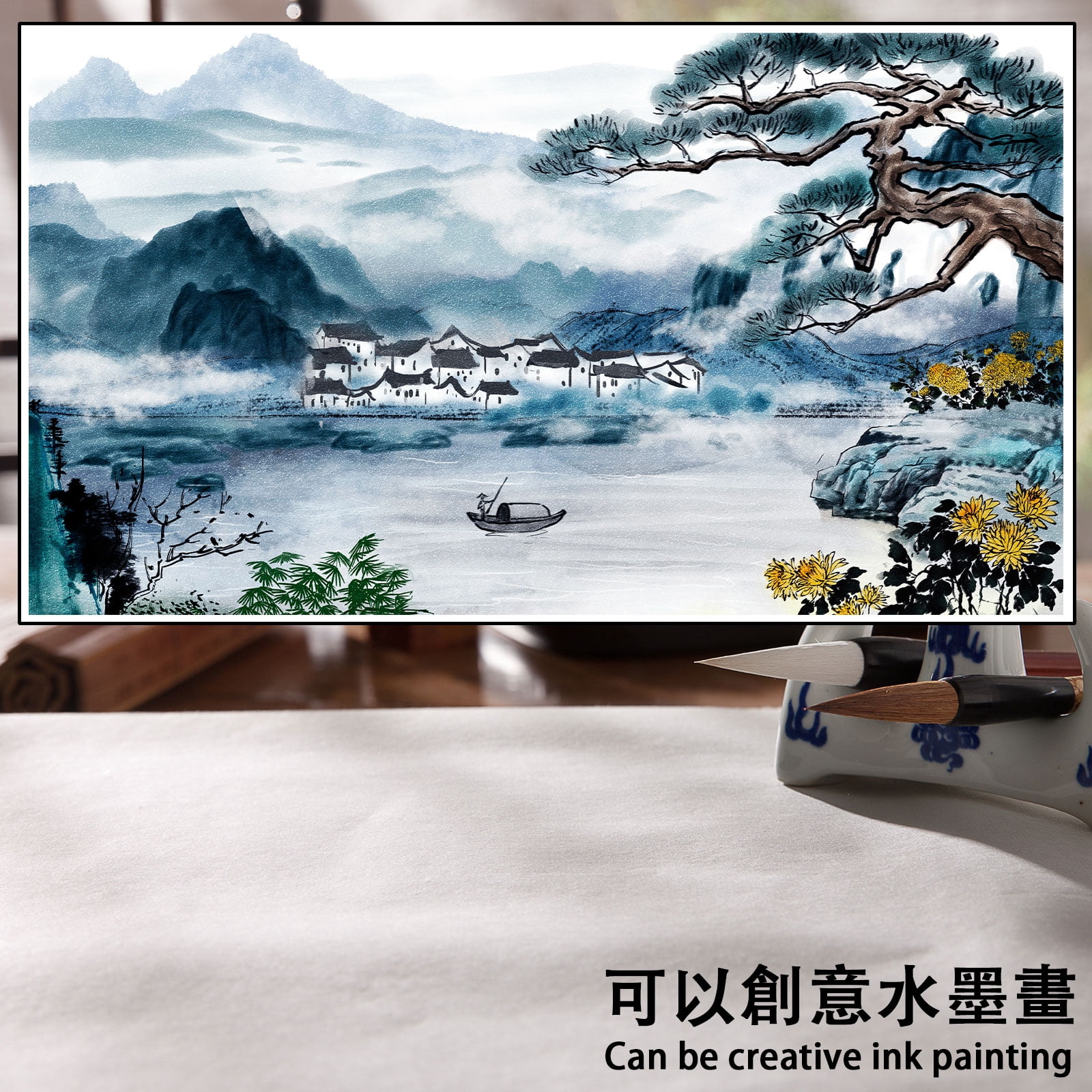 90 Sheets Chinese Blank Xuan Paper Raw, Calligraphy Brush Ink Writing Sumi Rice Paper without Grids, White Sheng Xuan Paper for Beginner & Intermediate Practice Painting Techniques