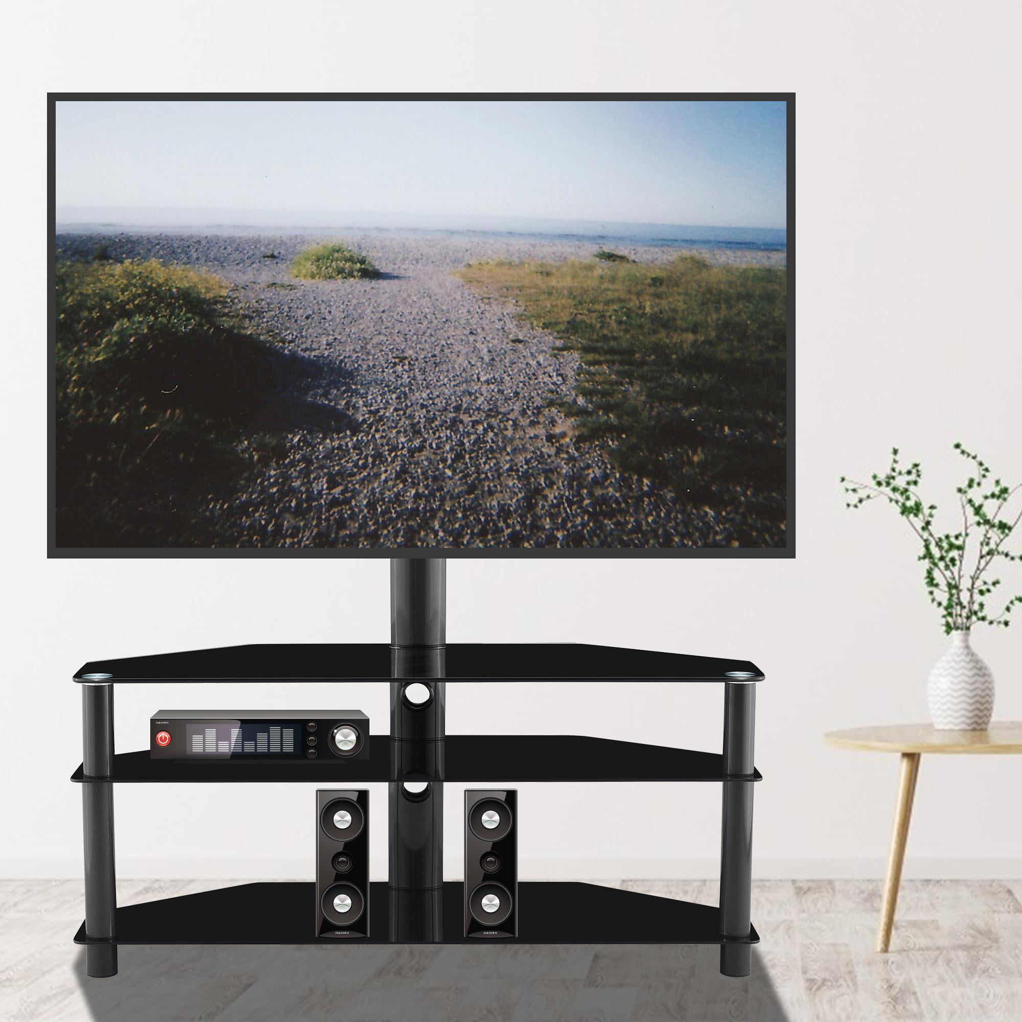 TV Stand Floor with 3 Tempered Glass Shelves for 30-65 LED OLED LCD Plasma 
