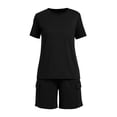 thumbnail image 4 of Women's 2 Piece Home Wear Crew Neck Short Sleeve Tops Elastic Waist Pockets Shorts Summer Comfy Lounge Sets (XL, Black), 4 of 6