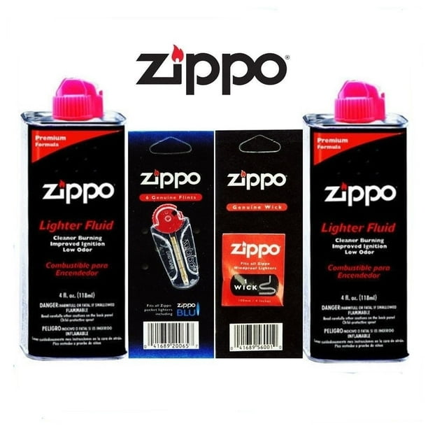 Zippo Lighter 2 x 4oz Can Fuel Fluid and 1 Flint & 1 Wick GIft Set