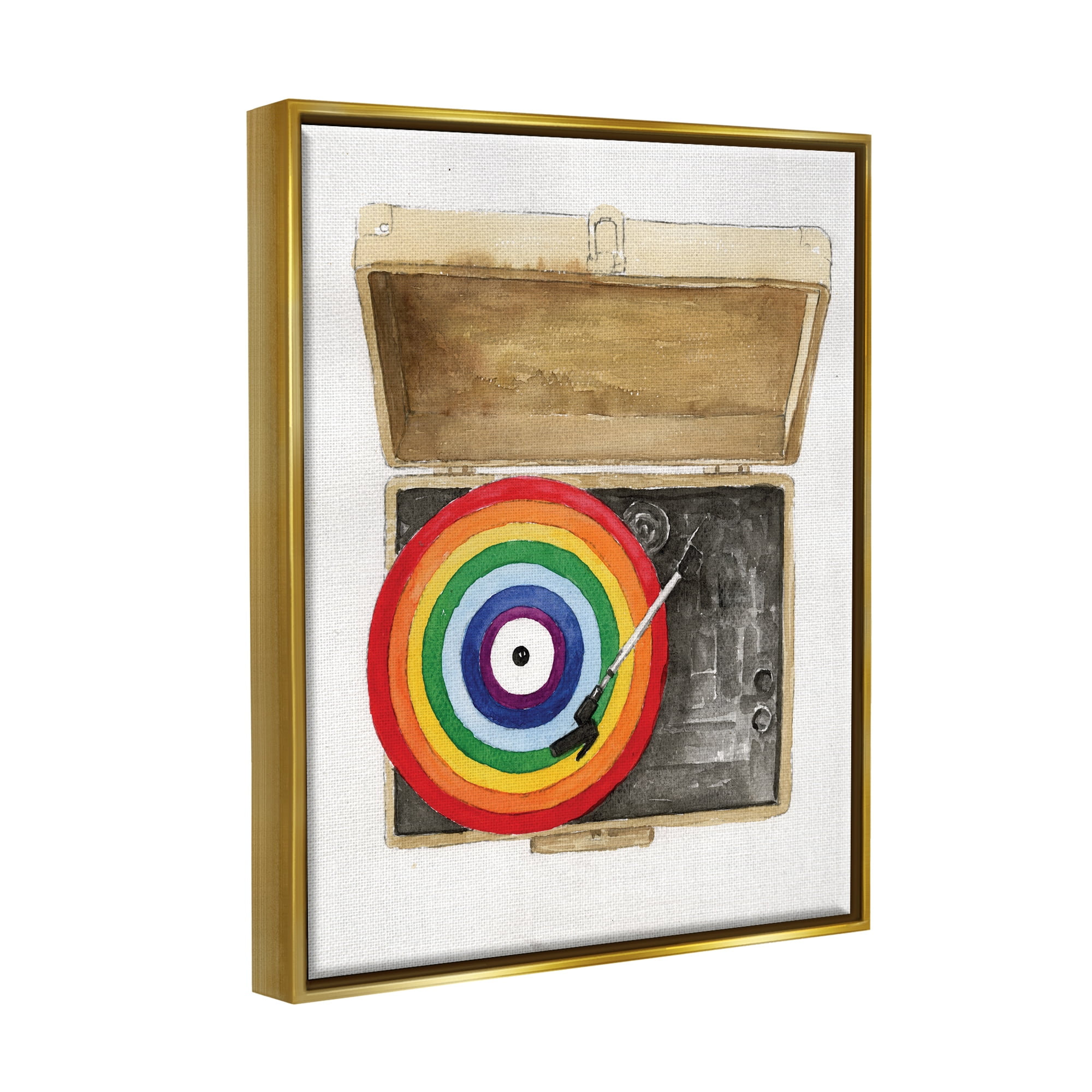 Stupell Industries Rainbow Record Player Performing Arts Painting Gold Floater Framed Canvas Art Print Wall Art, 17 x 21