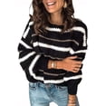 thumbnail image 1 of Chandails pour Femmes Décontractés à Manches Longues Col Rond Rayé Pull d'Hiver en Tricot, 1 of 7