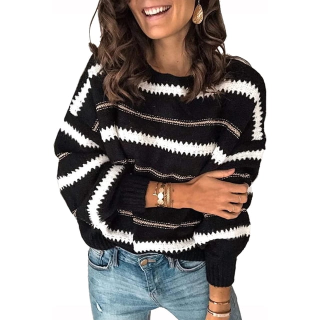 Chandails pour Femmes Décontractés à Manches Longues Col Rond Rayé Pull d'Hiver en Tricot