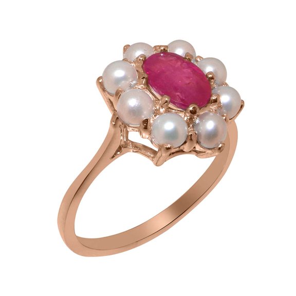 LBG British Made 18k Rose Gold Natural Ruby & Cultured Pearl Womens Statement Ring - 33 size options - Size 10
