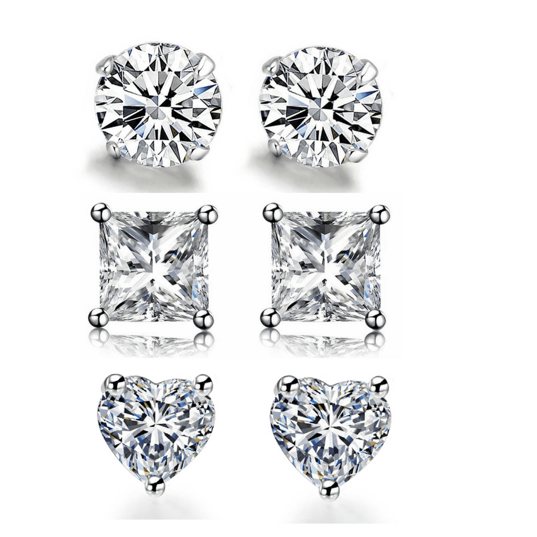 Sterling Silver 3 Pair Stud Earrings with crystals