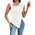 thumbnail image 3 of Womens Asymmetric Neck Slim Fit Cropped Solid Color Tshirt Elegant Basic Top Casual Chic Tee Cream White L, 3 of 9