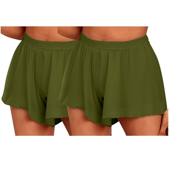 MIUOWANP Women's Elastic Waist Shorts Solid Color Casual Shorts ComfortableRuffled Leg Shorts Size S(4)Army Green