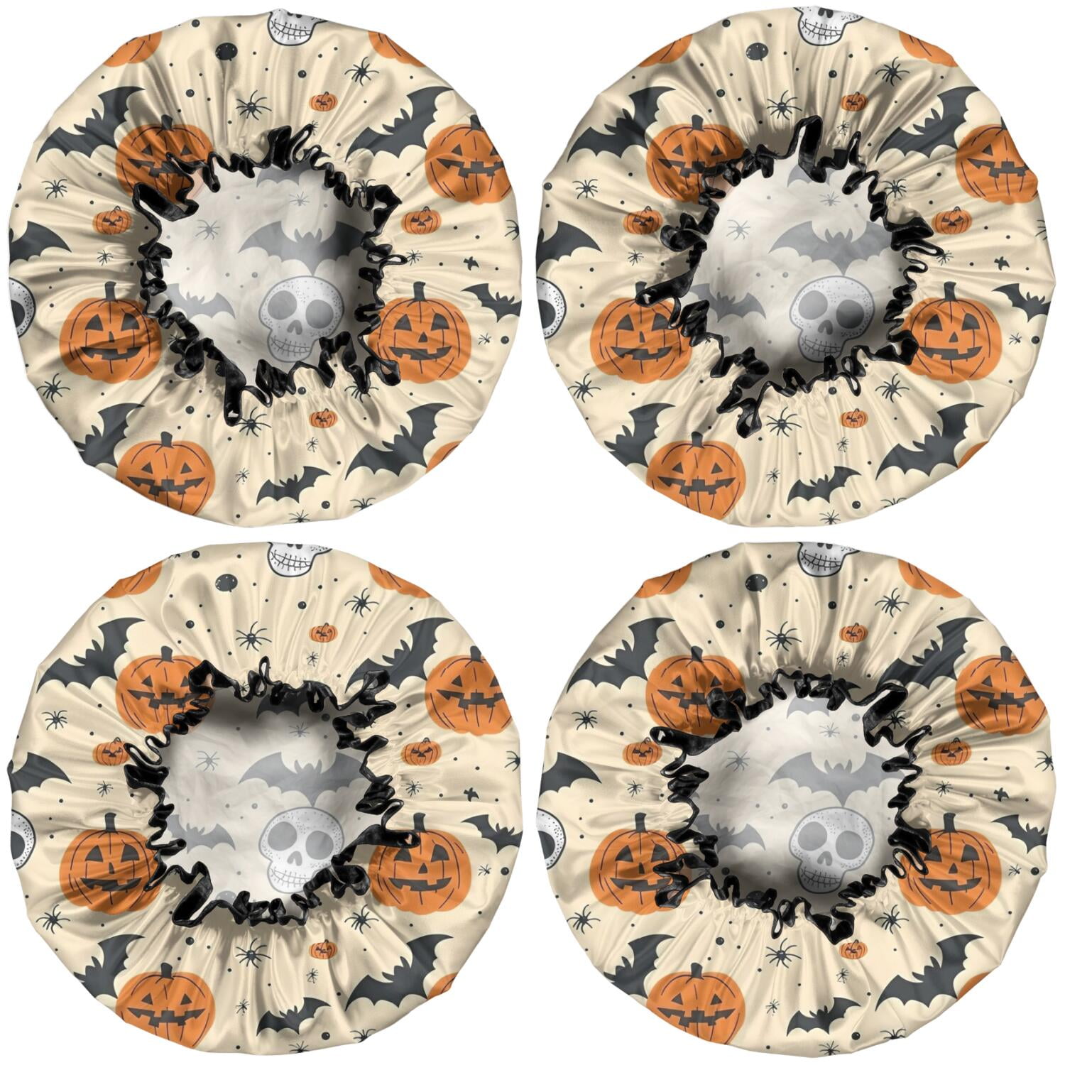 Shower Caps,Halloween Pumpkins Bats Skulls and Spiders Waterproof Shower Cap for Women 4 Pieces,Double Reusable Hair Cover for Shower PEVA Elastic Stretch Hem