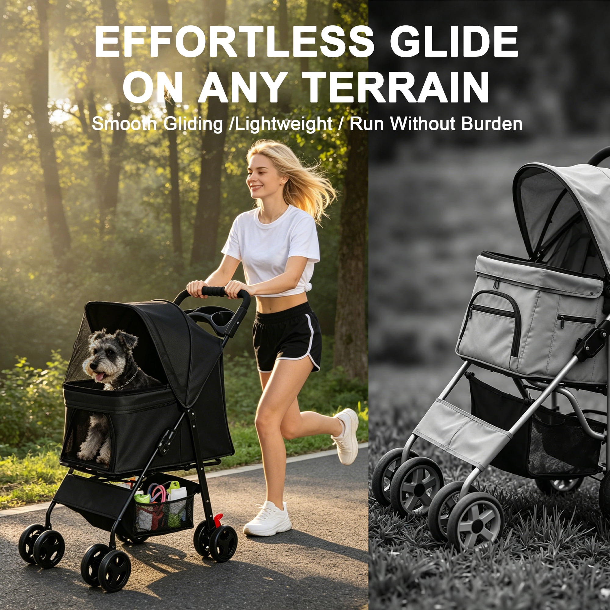 Foldable 4 Wheels Pet Stroller for Small Dogs and Cats, Pet Rolling Carrier with Storage Basket & Breathable Mesh