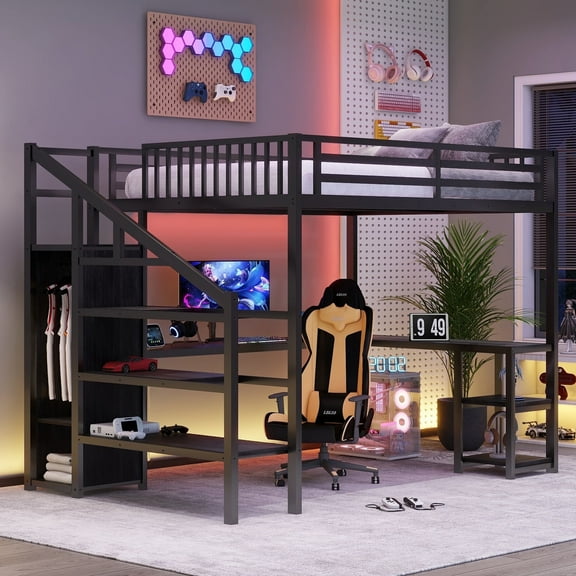 Mirightone Queen Size Loft Bed with Desk and Storage, Metal Loft Bed Frame with Stairs and LED Light, Gaming Loft Bed with Charging Station, Storage Wardrobe and Shelves for Adults Teens Black