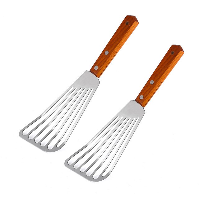 (2 piezas) Espátula para pescado, espátula para huevos, espátula de cocina de acero inoxidable, espátula para parrilla, espátula ranurada con mango de madera para cocinar pescado, carne