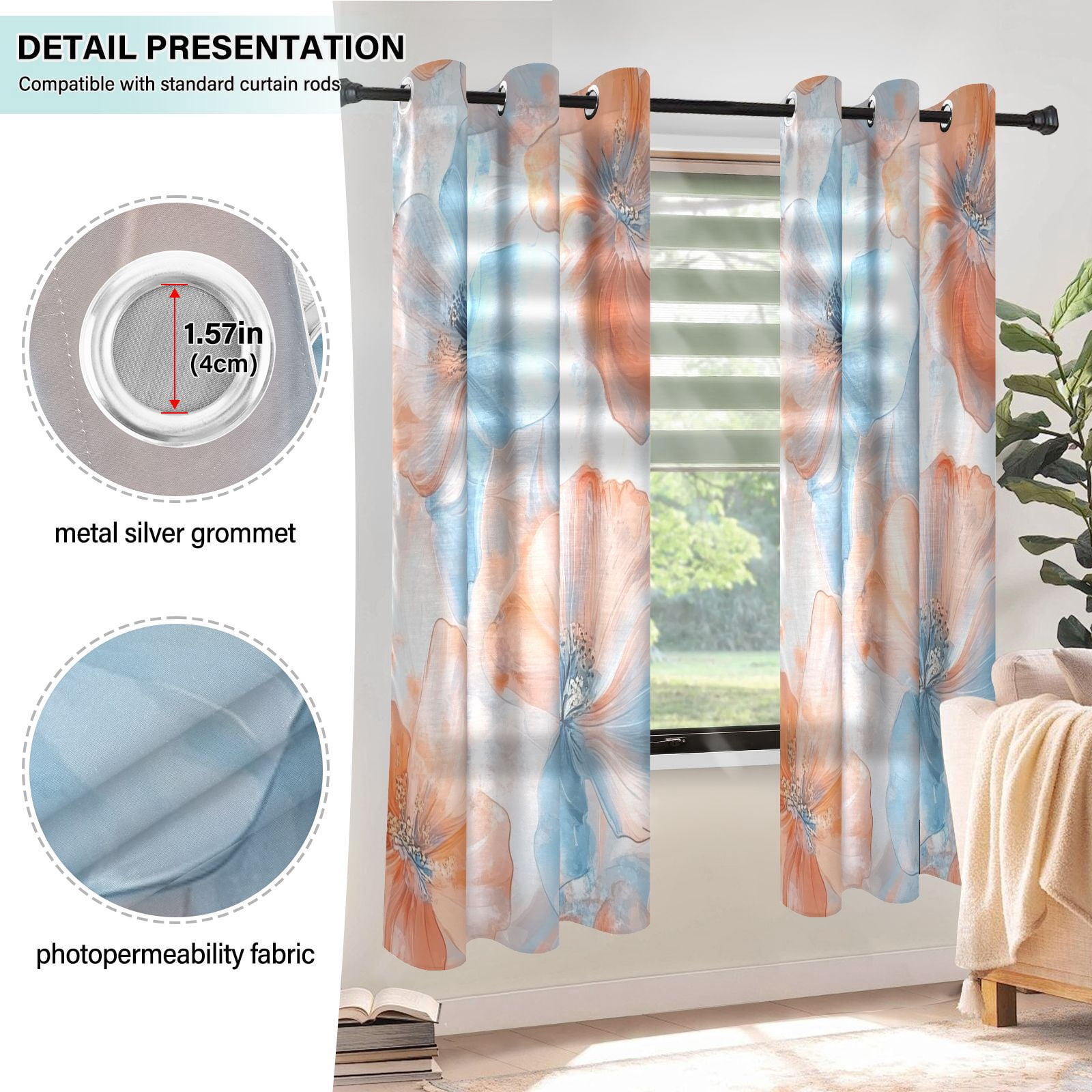 Orange Blue Flowers Blackout Curtains 63 inch Length 2 Panels Window Decoration Curtains for Bedroom Living Room