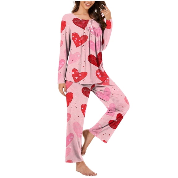 Hueook Date Night Outfit for Women Fashionable Casual Loose Valentine's Day Printed Round Neck Button Up Long Sleeved Pants Pajama Set Red 3X