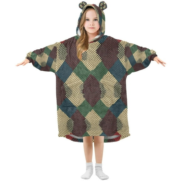 FORMRS Wearable Blanket Hoodie with Sleeves for Kids Cozy Flannel Sweatshirt, Green Tartan Pattern