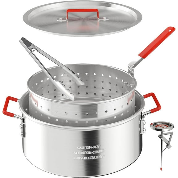 10QT Aluminum Fish Fryer Pot | with Lid & Tong | Deep Fryer with Basket | Indoor & Outdoor Cooking | All-Round Protection | Accessory Gift Pack | Perfect For Boiling ＆ Frying
