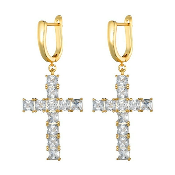 FEEL STYLE Male 14K Gold Plated Brass Cubic Zircon Cross Earrings Dangle Hip Hop Jewelry