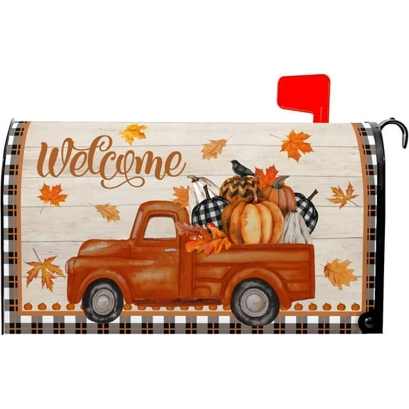 Fall Mailbox Cover Autumn Harvest Orange Pumpkin Truck Maple Leaves Mailbox Cover Magnetic Standard Size 21x18 Inch Thanksgiving Waterproof Post Box Cover Wraps Garden Yard Decor for Outdoor