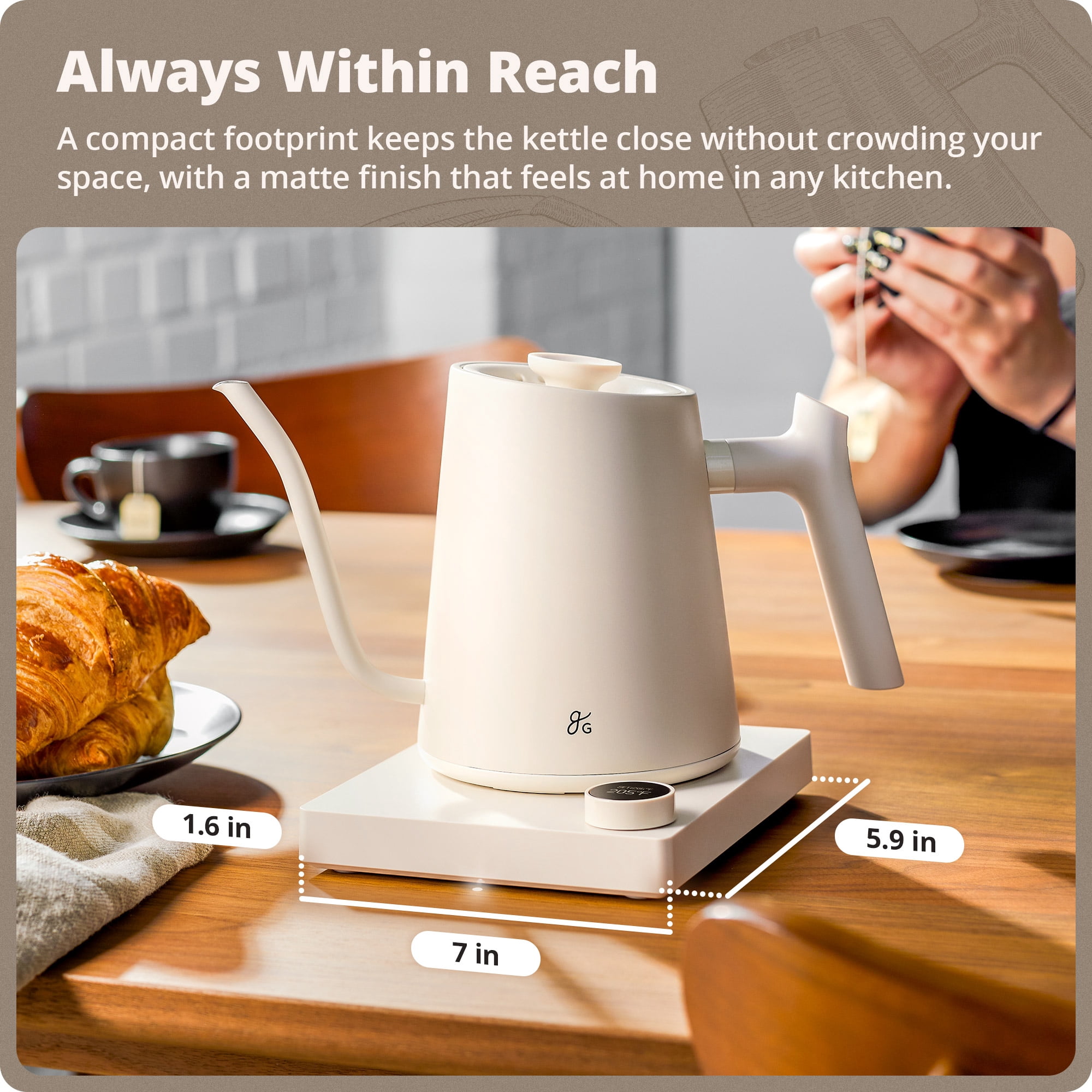 Greater Goods 0.8L Electric Gooseneck Kettle, Variable Temp Control, 1200W Fast Boil, Pour Over Coffee & Tea Kettle, Stainless Steel, BPA Free, Birch White