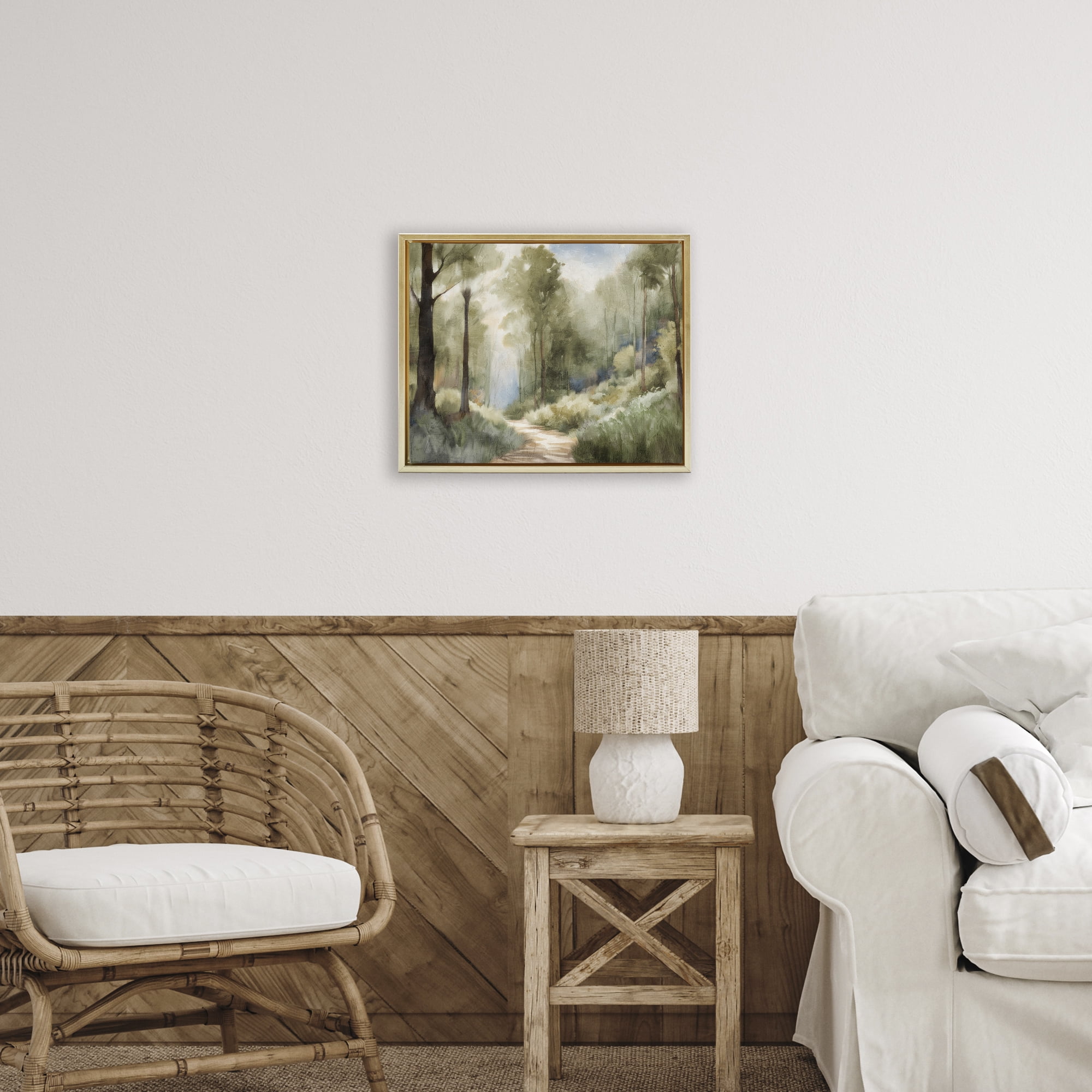 Hazy Atmospheric Walk Gold Framed Floater Canvas Wall Art, design by Kim Allen