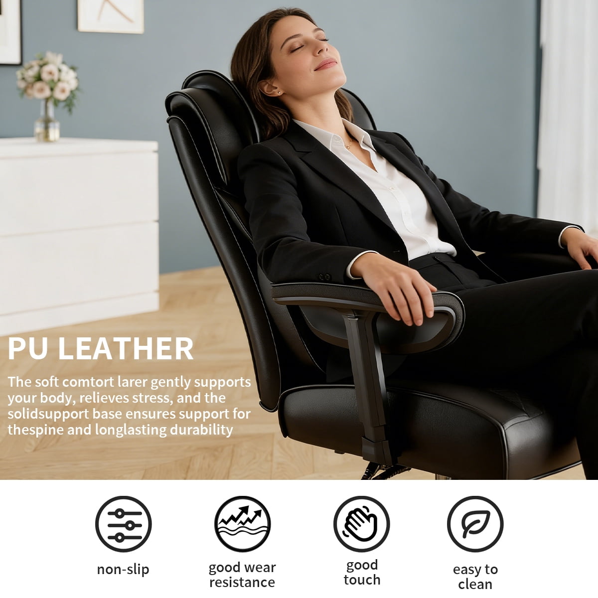 KOCEN Big and Tall Office Chair, Desk Chair with Soft Adjustable Armrests, Ergonomic High Back Gaming Chair with Lumbar Support, Executive Computer Chairs with Footrest(PU Leather, Black)