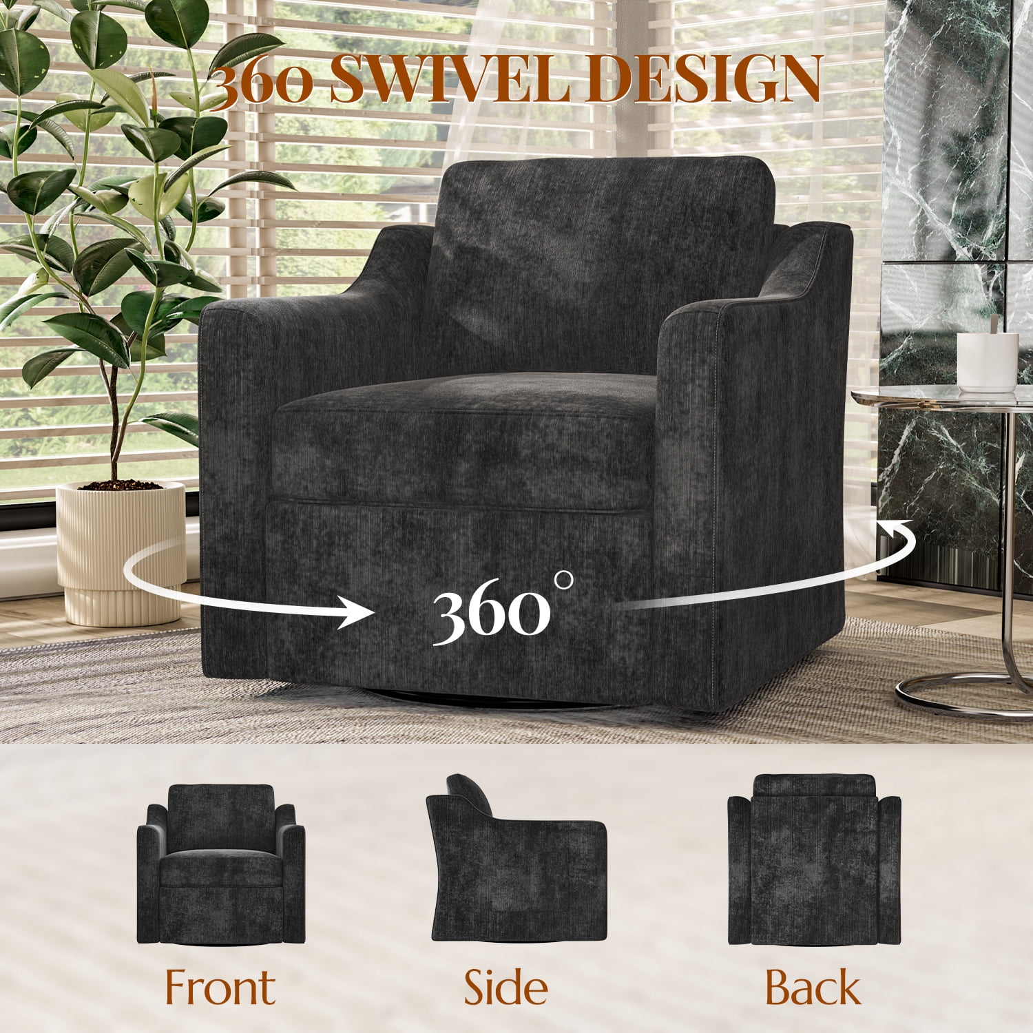 ZBOM 360° Swivel Modern Accent Chair Set of 2, Large Comfy Reading Chairs, Accent Square Single-seat Armchair Upholstered Sofa for Reading, Living Room, Bedroom, Black