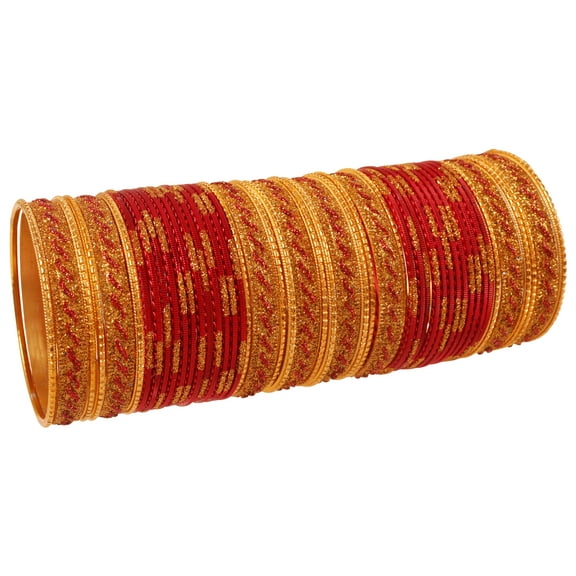 Sunsoul by Touchstone Indian Bollywood Glamorous Fashion Wrist Enhancing Shimmering Golden Glitters Textured Bright Red Color Designer Jewelry Bracelets Bangle Chura. Set Of 48 In Gold Tone For Women