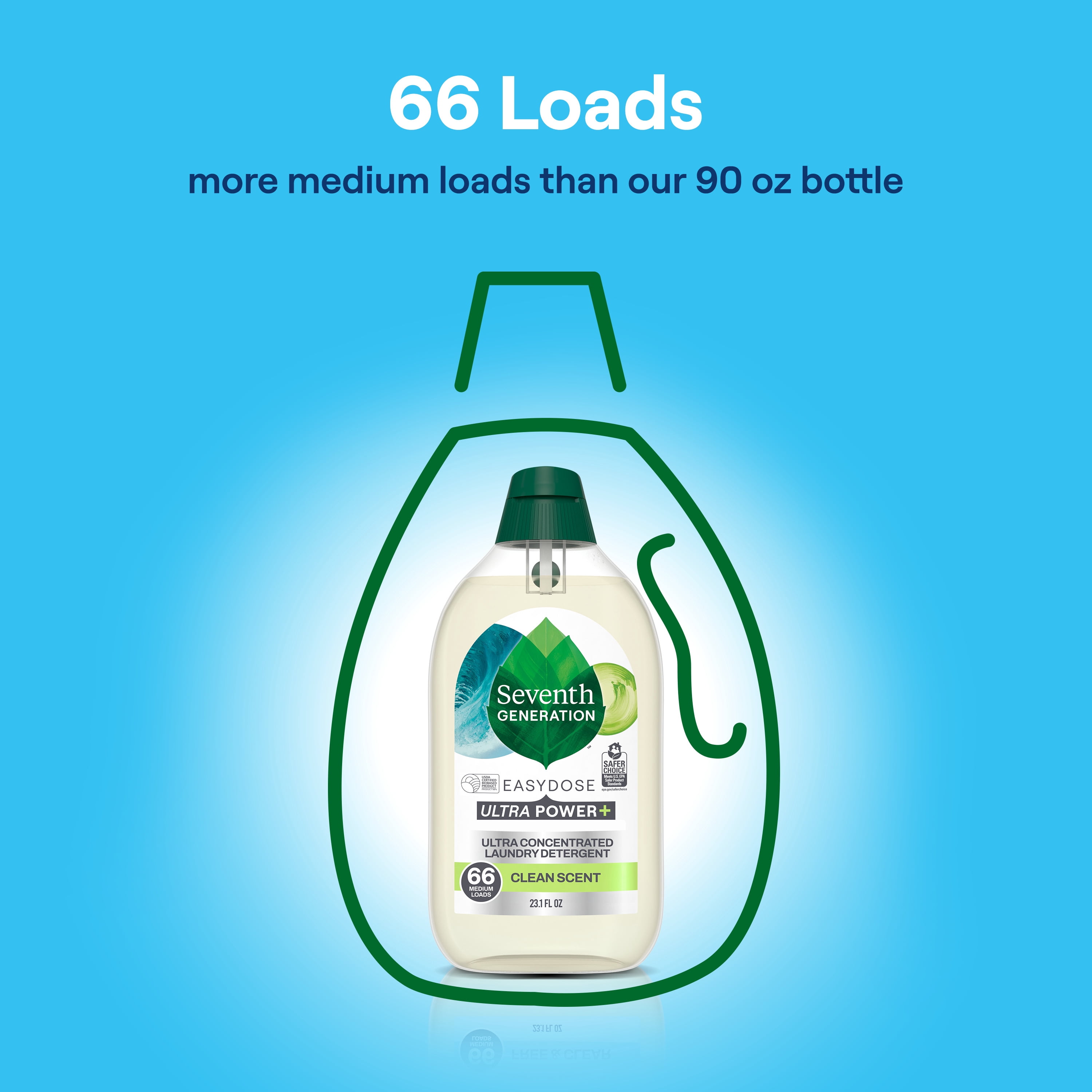 (2 pack) Seventh Generation Power+ Concentrated Liquid Laundry Detergent, Fresh Clean, 23 fl oz, 66 Loads