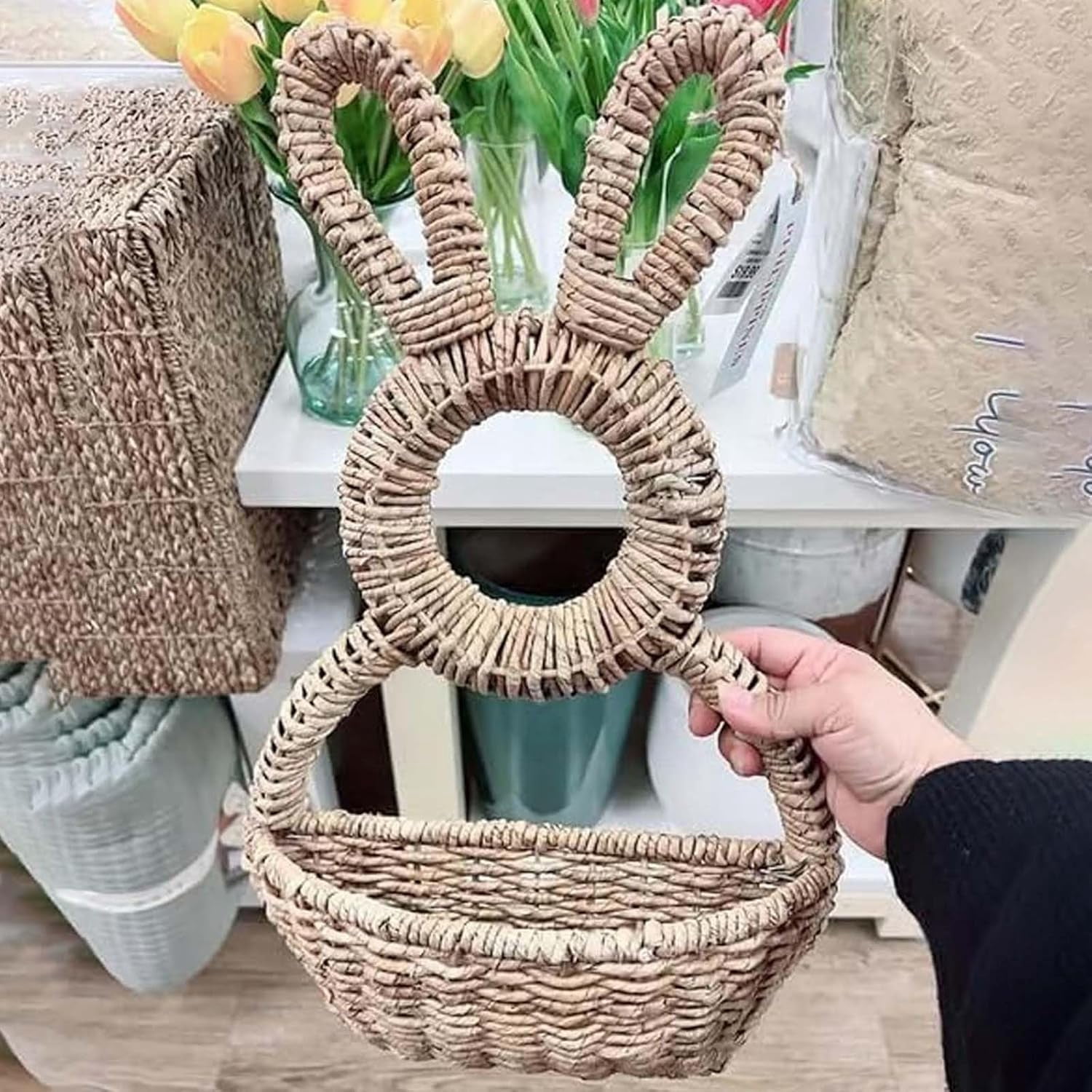 Easter Bunny Woven Basket for Party Favors, Handmade Straw Wicker Easter Candy Eggs Baskets Bunny Hanging Wall Pocket 16 Inch Cute Rabbit Picnic Hamper for Easter Eggs Storage (Beige)