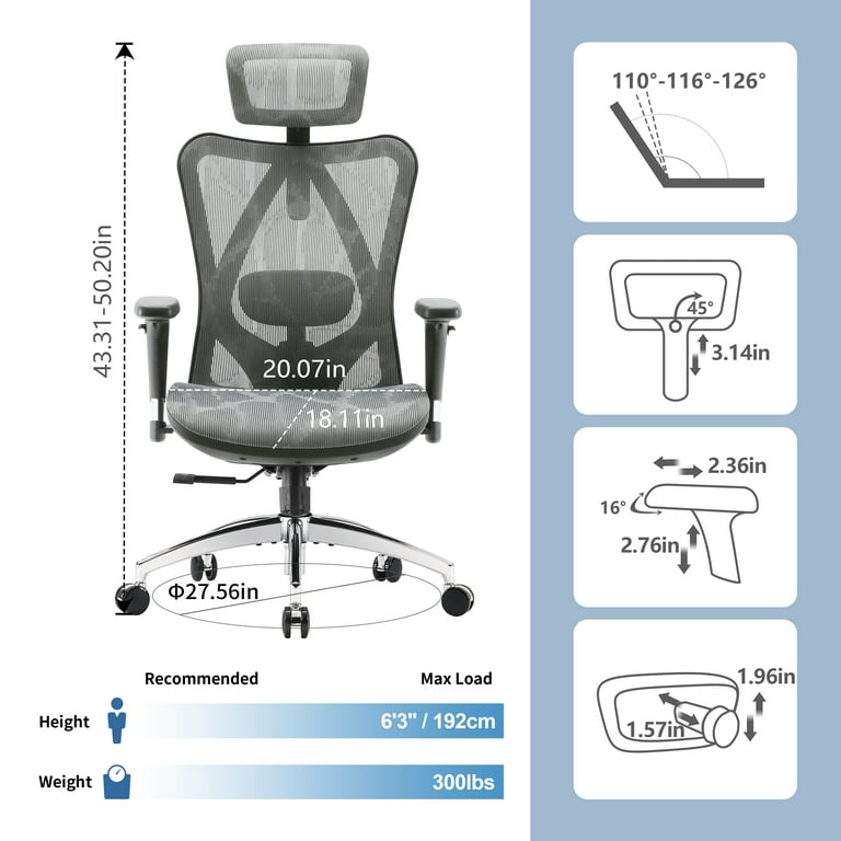 SIHOO High Back Ergonomic Office Mesh Desk Chair with Armrest & Lumbar  Support, 300lb, Gray 