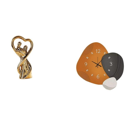 2 Pieces Couple Statue Figurine Wall Clock Ceramic Wood Modern Art Decor for Bedroom Anniversary Gift