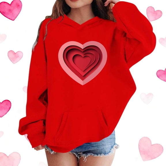 Girls Red Valentine's Day Hoodie with 3D Hearts Oversized Cute Graphic Sweatshirt for Kids,Size 11-12 T