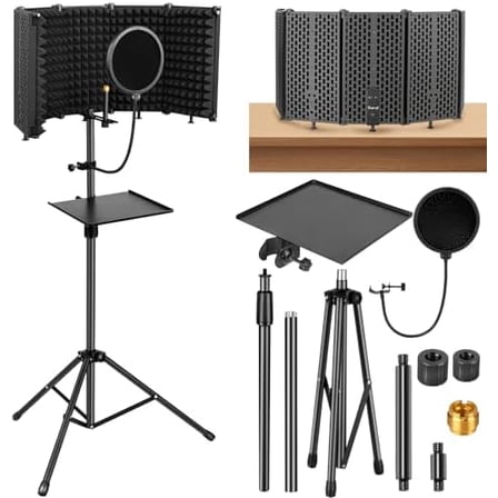 Microphone Stand With Isolation Shield,Recording Studio Equipment With Pop Filter,Tripod Stand, Foldable Mic Shield With Sound Insulation For Recording Studio, Podcasts,Broadcasting$$Music