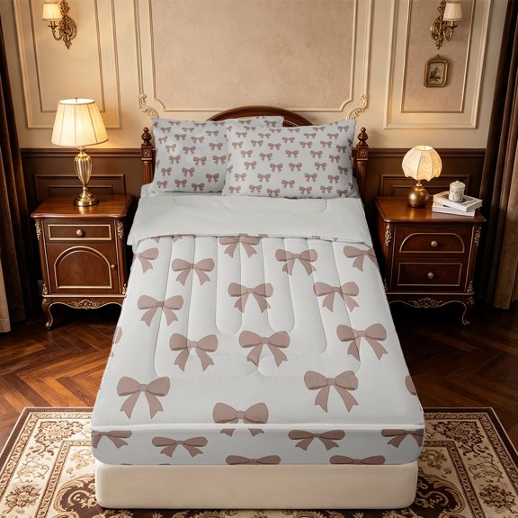 Manfei Brown Dreamy Bowtie Zipper Twin Comforter Sets with Fitted Sheet and 2 Pillowcases,Kawaii Bowknot Zipper Bedding Set,Light Gray Reversible,4pcs