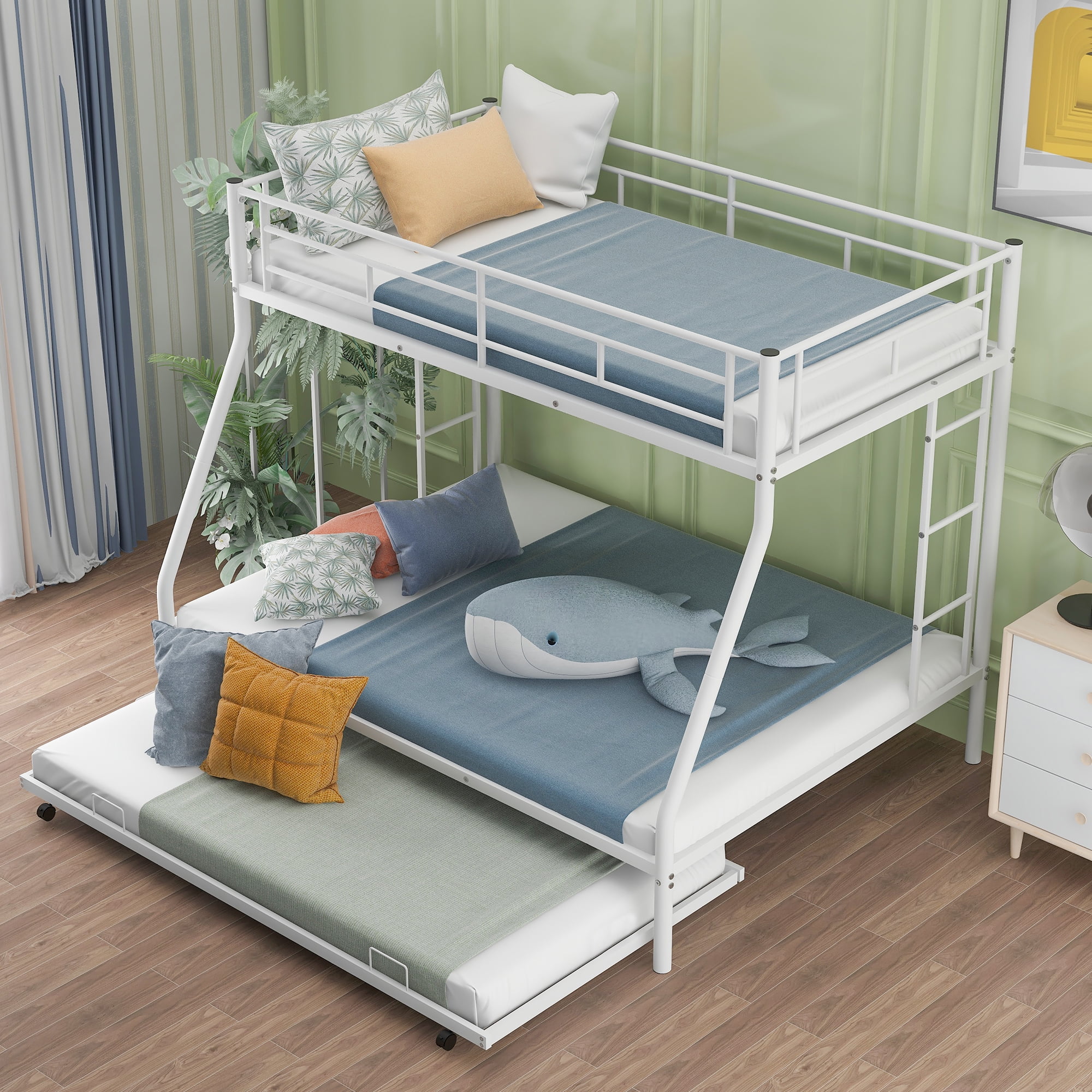Euroco Metal Twin over Full Bunk Bed with Moveable Trundle & 2 Ladders for Bedroom, 3 Beds for Kids Teens Adults and Guests, White