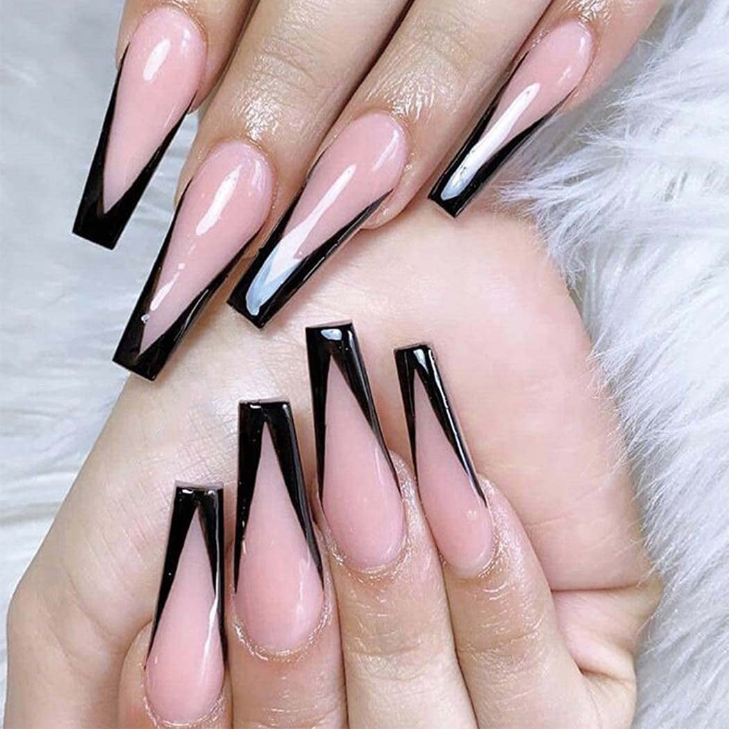 Aetomce Black French Press on Nails Extra Long Fake Nails Coffin Ballerina  Super Long False Nails Cute Full Cover Acrylic Nails for Women and Girls  24Pcs 