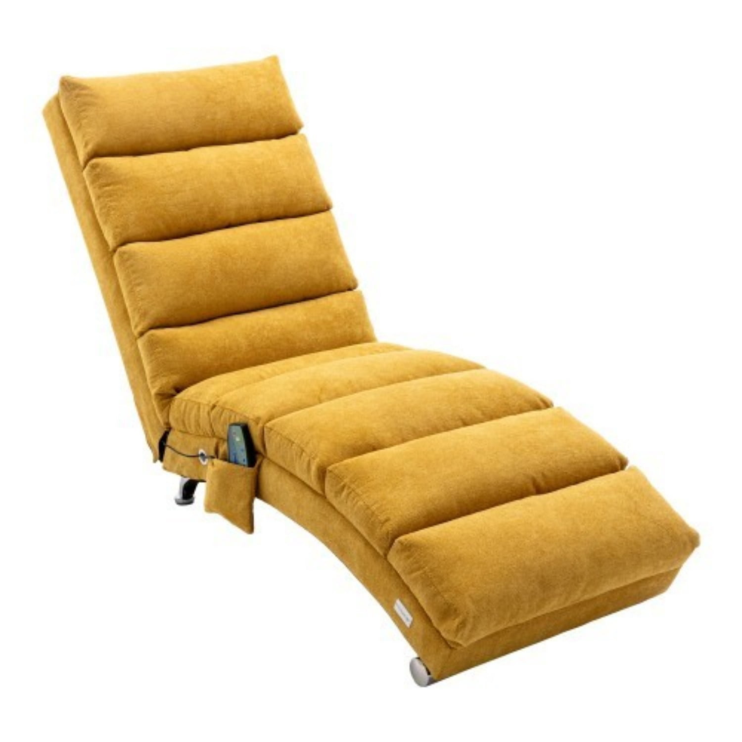 Upholstered Chaise Lounge Chair with Vibration, Modern Fabric Leisure Recliner with Ergonomic Fixed Back, Side Pocket & Lumbar Pillow, 300 lbs Capacity, Mustard