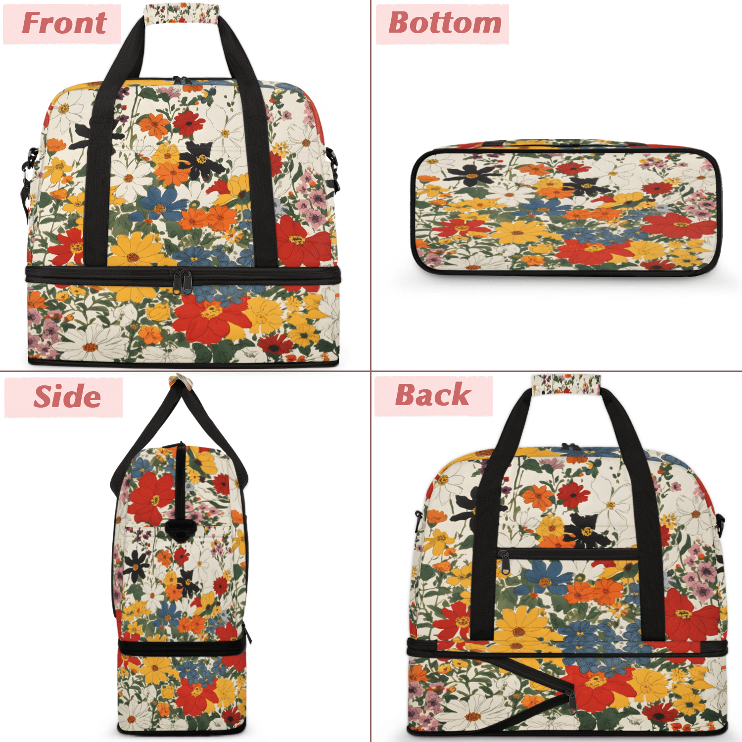 Herdesigns Boho Floral Foldable Travel Duffle Bag for Women and Men Lightweight Carry On Overnight Bag Watercolor Wild Flowers Gym Luggage Weekender Bags with Shoe Compartment